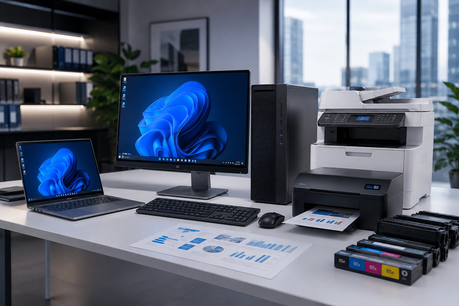 Computer equipment and peripherals on desk - no people