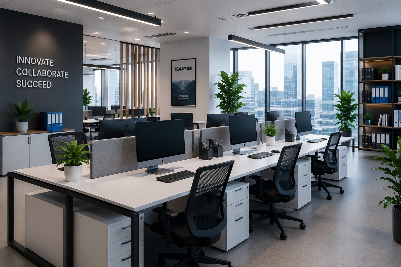 Modern office workspace with computers - no people